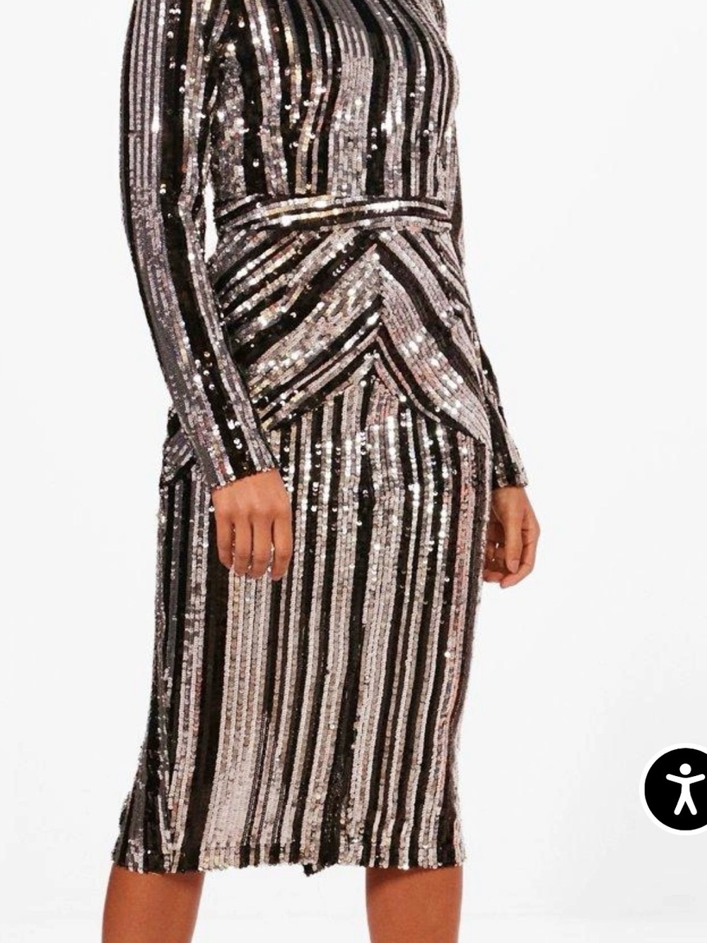 Boohoo Silver & Black Striped Sequin Long Sleeve Midi Dress